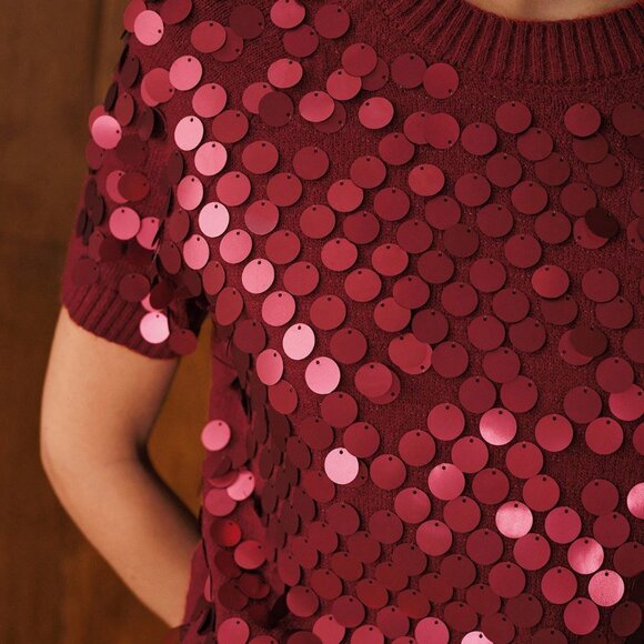 Red Casual Women's Premium Versatile Sequin Embellished Short Sleeve Knit Top - Picture 3 of 8